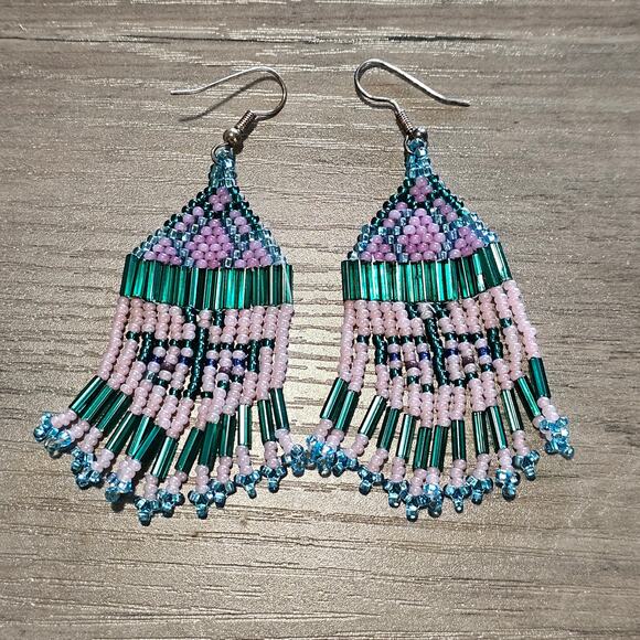 Vintage Seed Bead Fringed Dangle Earrings with Butterfly Design - Picture 1 of 6